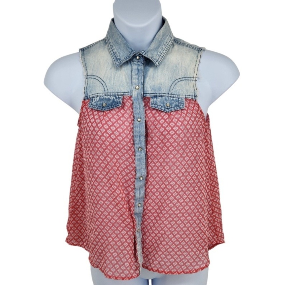Cupids Diary Womens Sleeveless Denim Chiffon Button Up Shirt Red‎ White Print M